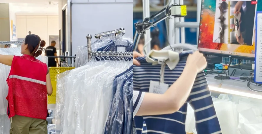 Garments on hangers and a staffed inspection desk.