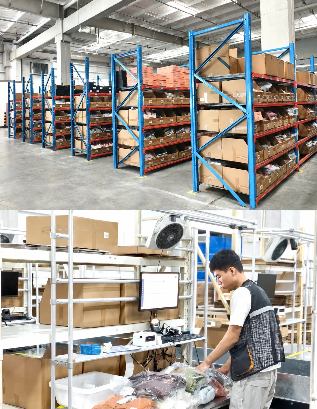 Warehouse racks and apparel packing at a workstation.